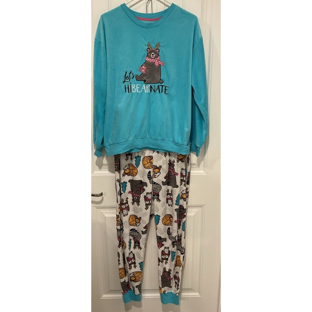 EUC Nite Gear Women’s 2Pc Top & Pants Lounge/Pajamas Set Large “Let’s Hibernate”